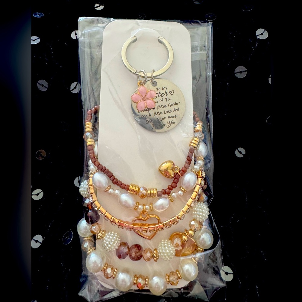 To My Sister Beaded Bracelet and keychain gift Set